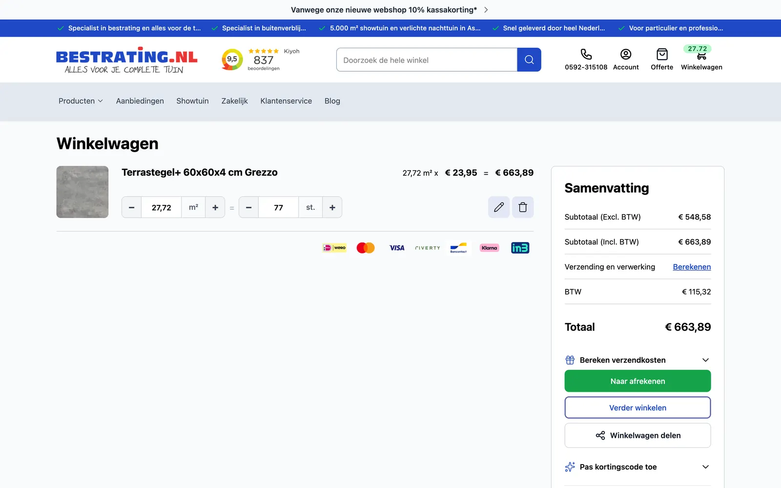 Winkelwagen met calculator, samenvatting en de knop "Winkelwagen delen"
