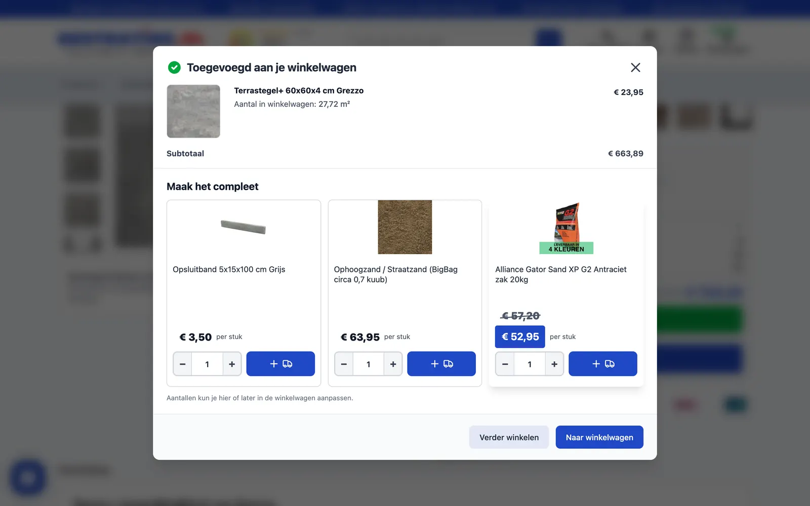 De winkelwagenpopup met "Maak het compleet"-suggesties
