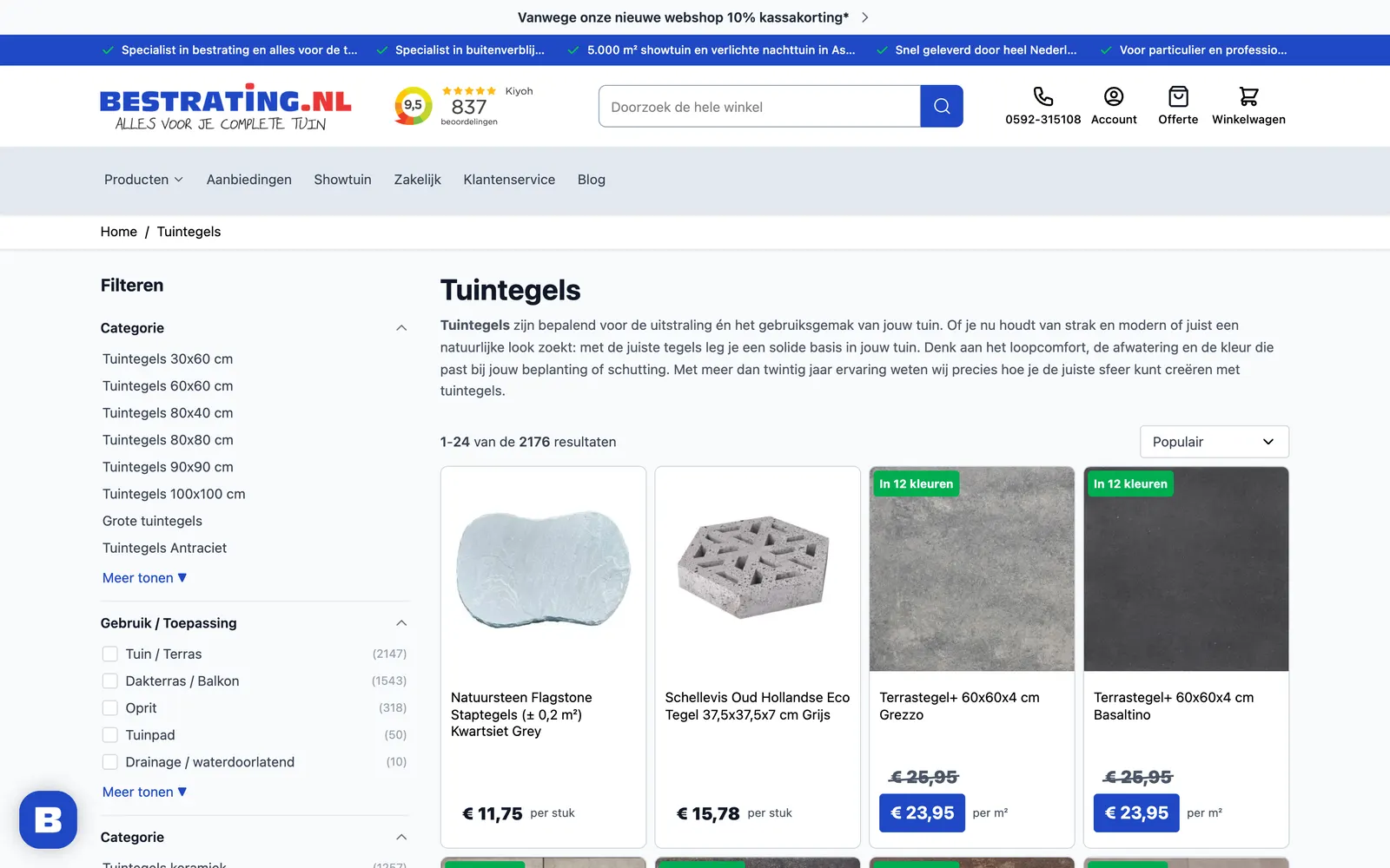 Categoriepagina van Bestrating.nl: veel producten, filters en afbeeldingen. Een ander profiel dan de checkout