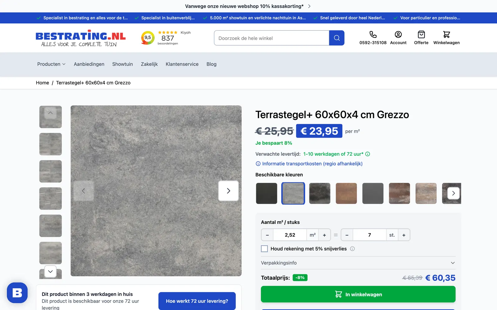 Productpagina met kleurvarianten, levertijd en 72-uurslevering