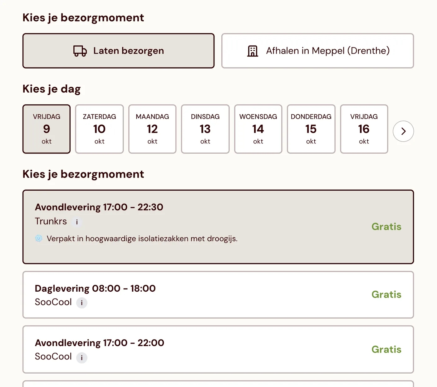 De bezorgmomentkiezer: per dag de beschikbare momenten per vervoerder, gekoeld verpakt met droogijs