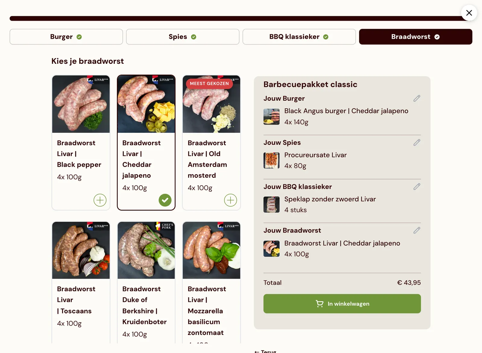De pakket-configurator: burger, spies, BBQ-klassieker en braadworst gekozen, met een live overzicht van je pakket