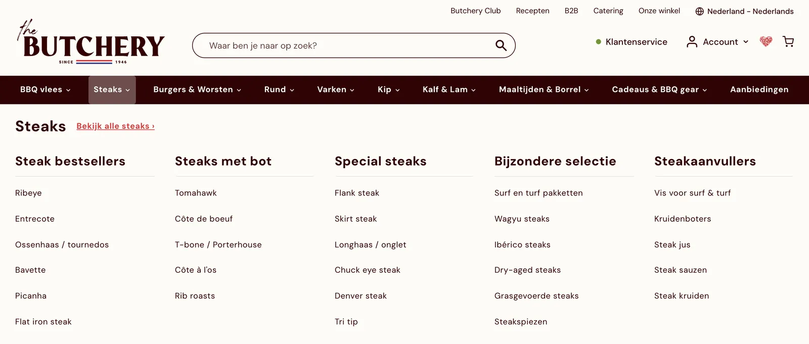 Het megamenu onder Steaks met bestsellers, steaks met bot en special steaks
