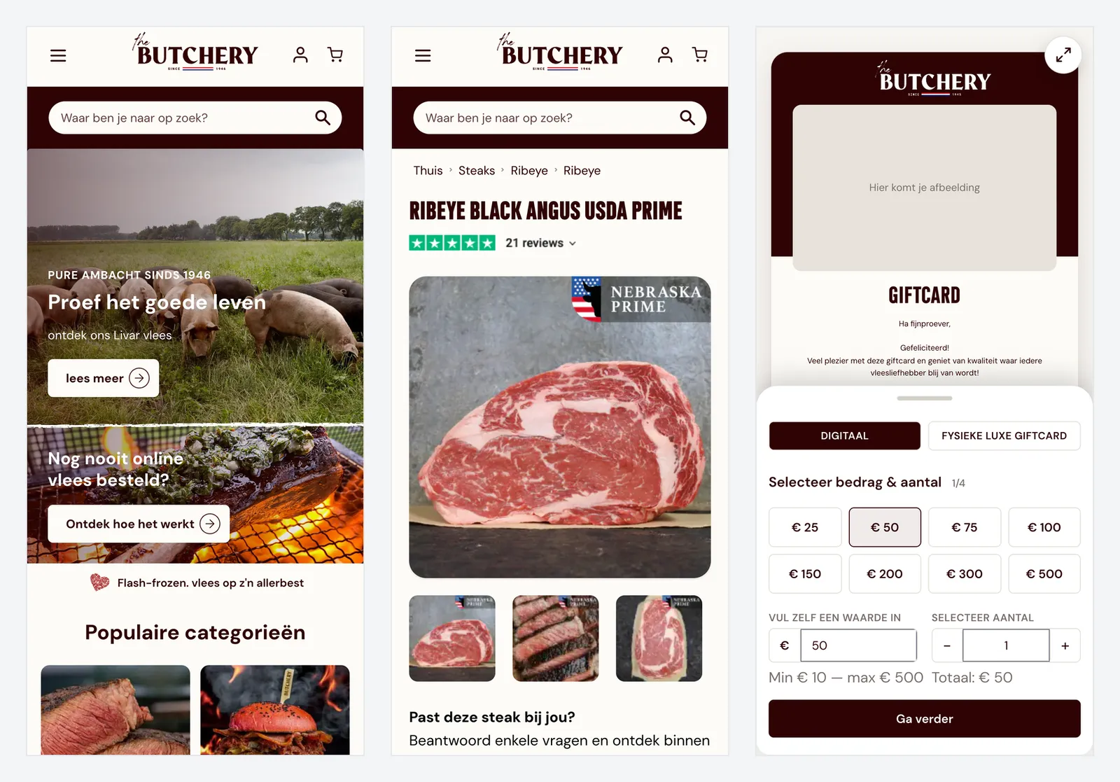 Homepage, productpagina en cadeaubon-designer op een iPhone