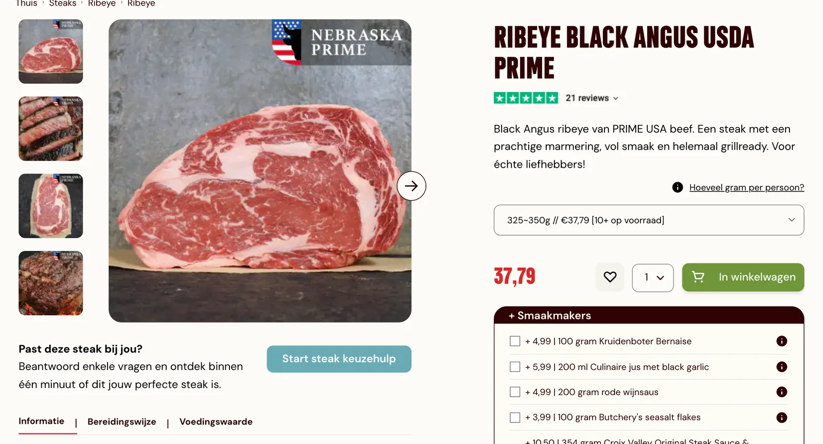 Productpagina Ribeye Black Angus USDA Prime met gewichtsklassen en smaakmakers