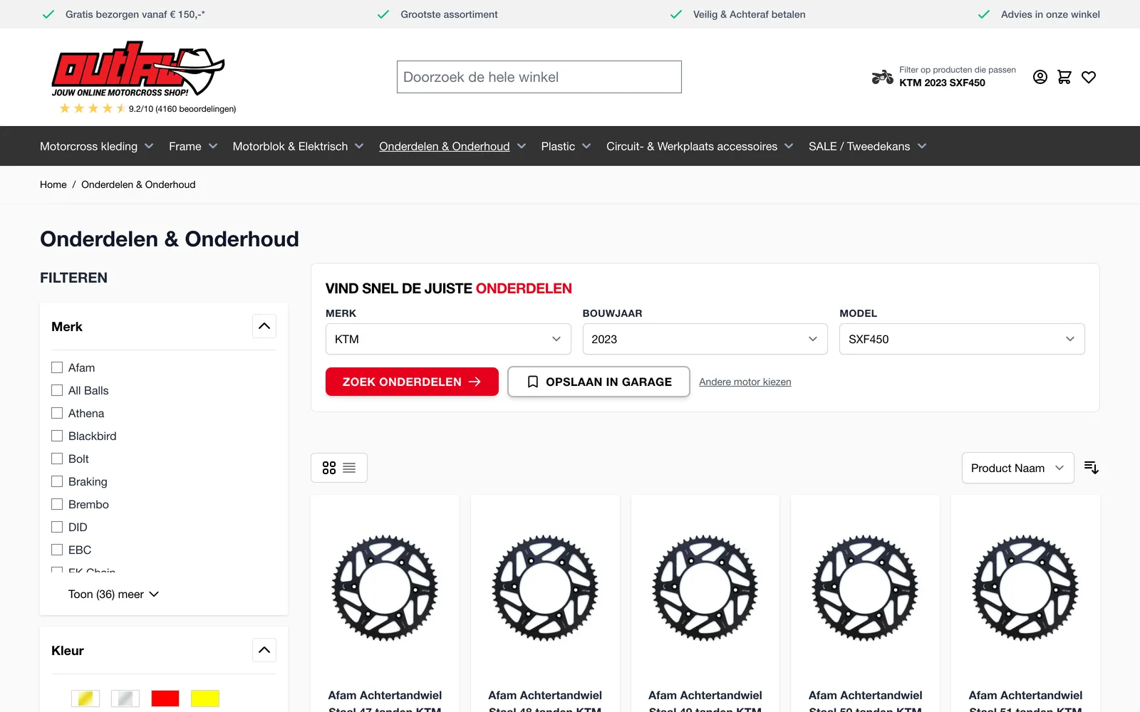 Categorie Onderdelen & Onderhoud, gefilterd op de gekozen KTM, met de finder en de filters bovenaan