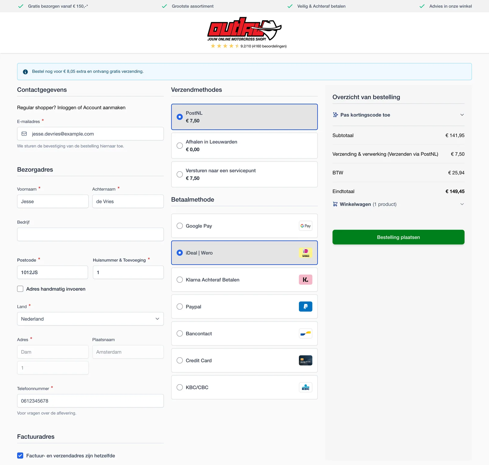 De Hyvä Checkout met dummygegevens: het adres aangevuld via Postcode.nl, PostNL en iDEAL | Wero gekozen
