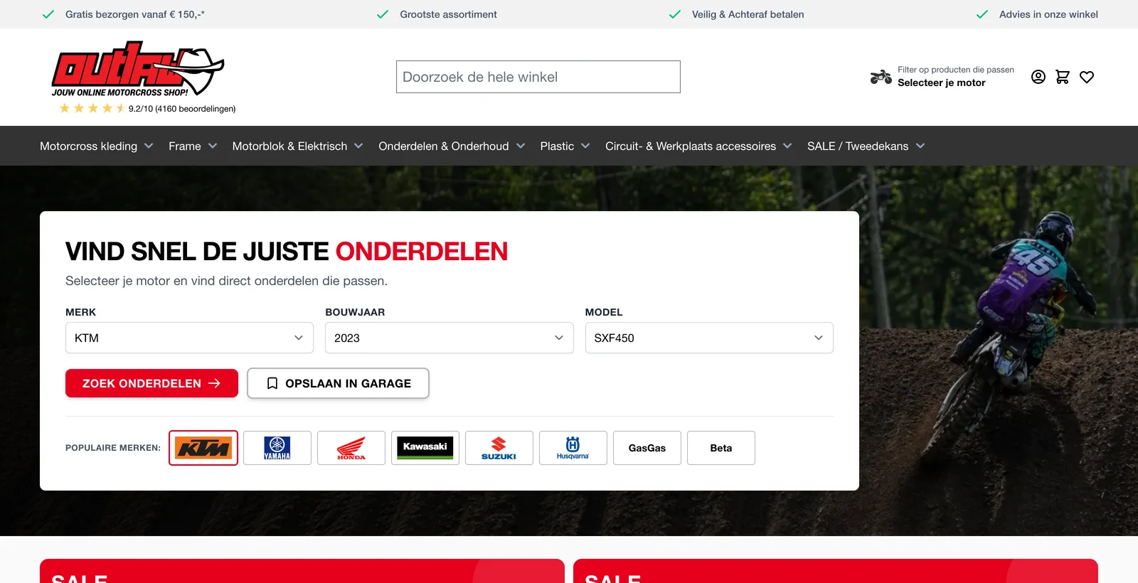 De finder op de homepage: KTM, 2023, SXF450, en opslaan in je garage