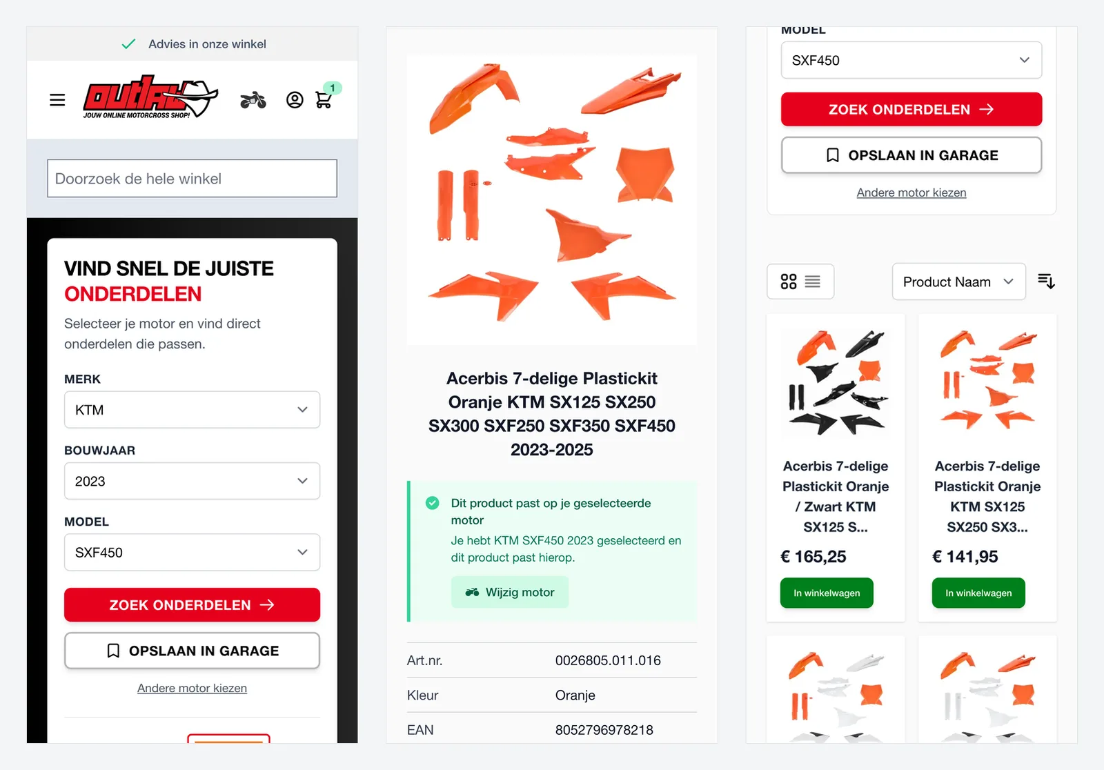 Homepage met finder, productpagina met fit-check en een categorie op een iPhone