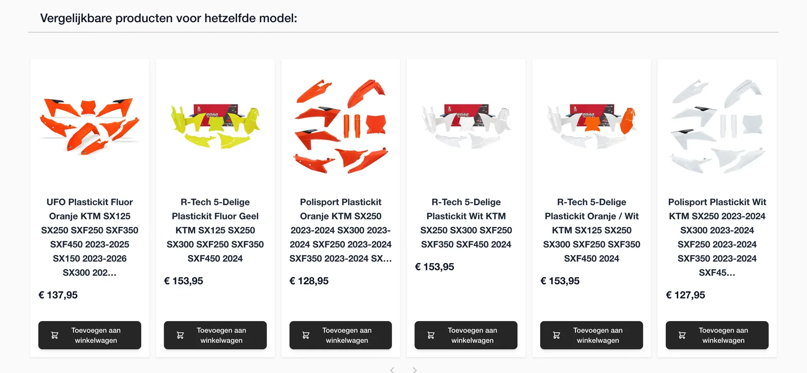 Vergelijkbare plastickits van UFO, R-Tech en Polisport, allemaal passend op dezelfde KTM